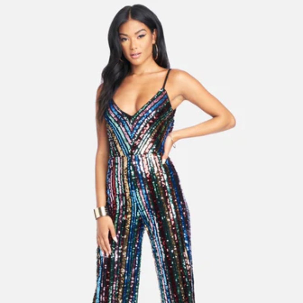 NWT Bebe Sequin Cowl Back Jumpsuit